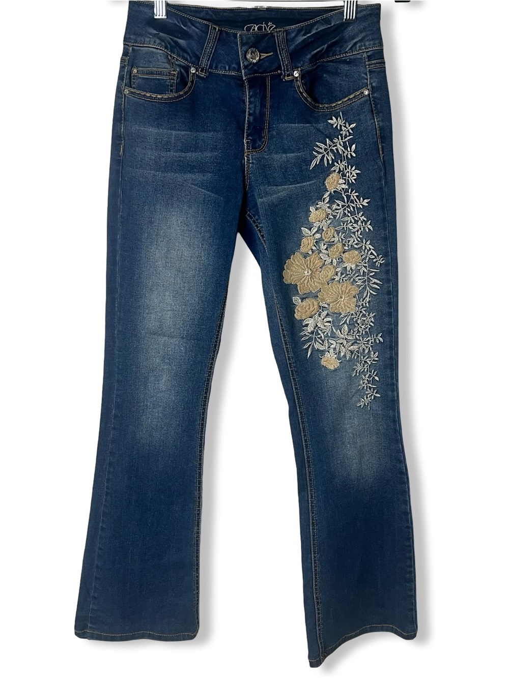 Cache Y2K Bootcut Jeans Embroidered Floral Rhinestone Flap Pockets Sz 4